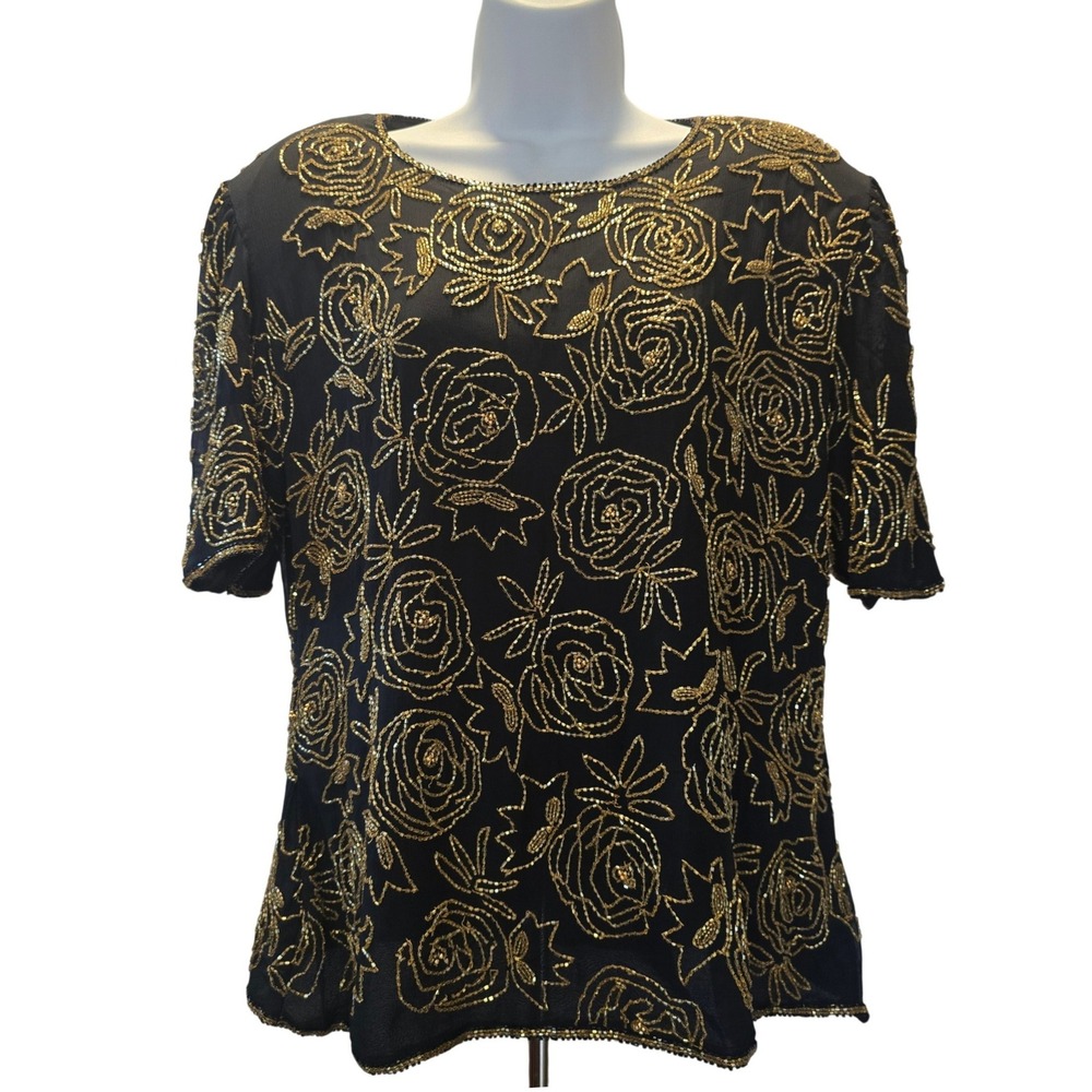 Vtg Stenay Beaded Silk Blouse XL Black Gold Elegant Floral Rose Short Sleeve Top